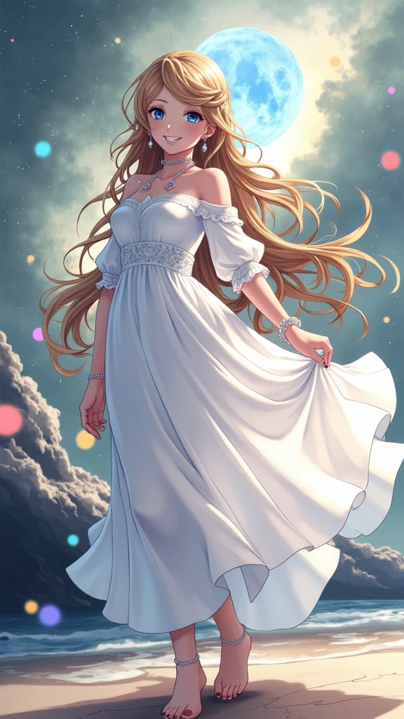 (masterpiece、Highest quality、8k、High resolution)、(The best beautiful girl)、Best Style、(The most beautiful face)、Clear skin、Clean blue eyes、Beautiful lips、smile、Beautiful white upper teeth、Beautiful nose、Blonde Hair、Ample breasts、Walking on the sand、look back、Ocean、You can see the forest、A bright night with stars visible、Beautiful starry sky、full moon、milky way、(体whole bodyから神秘的な光の粒子、Colorful Light)、(jewelry、necklace)、dress、(whole body)、Highly detailed anime art、A complete portrayal、Detailed CG、