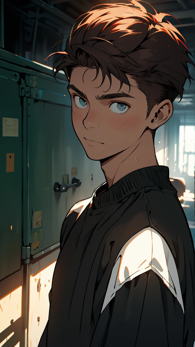 Front light, forward facing, high school student, young man, teenager, stern eyes, cool, tall young man, muscular body, dark skin, black sweatshirt, very short, red mesh hair, shaved sides, 8k, high quality, Custom light, portrait, expressive, sharp focus, masterpiece
