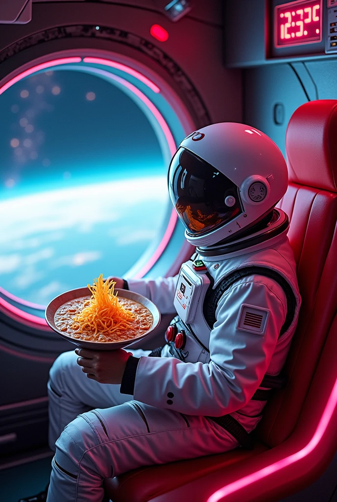Mexican astronaut sitting in the cabin of a spaceship with a view of outer space towards the earth surprised by a bowl of ramen floating in zero gravity cyberpunk style
