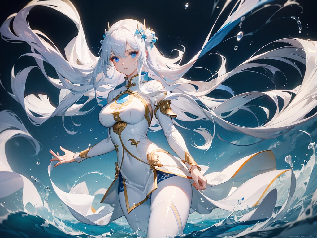 ((masterpiece, best quality)), Epic battlefield atmosphere,Water Ripples,Delicate face,Pure white background,Depicting a goddess with long beautiful hair, Flowing white hair,whole body,Standing picture,Shining blue eyes,She wears a white cheongsam,Pantyhose,Perfect body proportions