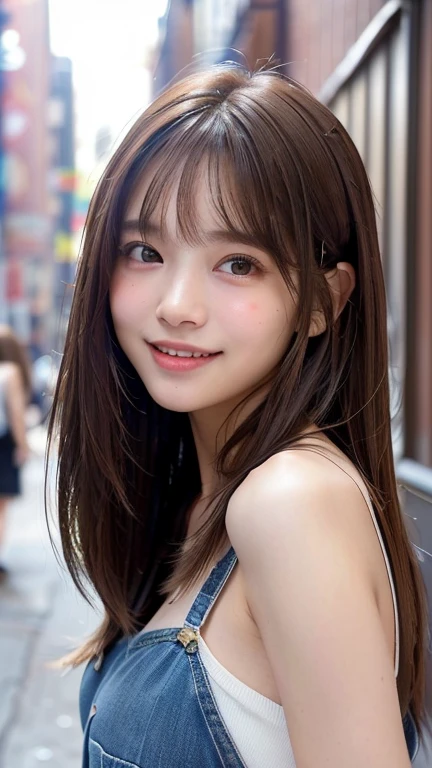 (((Face close-up)))、(((Brown straight hair)))、(((She is photographed with the backdrop of a New York alleyway、Posing like a model at a hair salon。.)))、(((She is wearing casual clothes suitable for early summer..。shoulders are hidden)))、(Natural laughter:1.25)、Half Japanese, Half Korean、18-year-old girl、Independent、I'm looking forward to、Light eye makeup、Brown Hair Color、Flat 、Hair blowing in the wind、Quality of actress、Shiny, Ultra-realistic faces、smile、Watery eye、look up、Subtle lighting effects、 Ultra-Realistic Capture、Very detailed、High resolution 16K human skin closeup。Skin texture must be natural、The detail must be such that the pores are clearly visible.、skin is healthy、Even Tone、Use natural light and colour、Worn out, High quality photos taken by modeling agencies'In-house photographer.、smile、(((Sigma 300mm F/1.4,1/1000 sec shutter,ISO400)))、The background is F-stop 1...4 is blurry