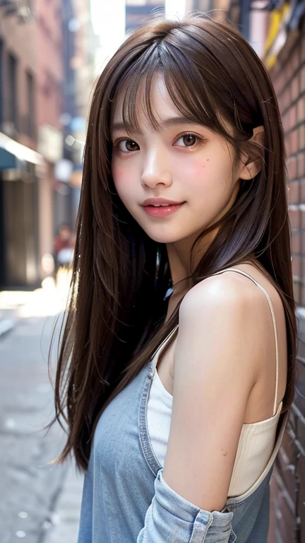 (((Face close-up)))、(((Brown straight hair)))、(((She is photographed with the backdrop of a New York alleyway、Posing like a model at a hair salon。.)))、(((She is wearing casual clothes suitable for early summer..。shoulders are hidden)))、(Natural laughter:1.25)、Half Japanese, Half Korean、18-year-old girl、Independent、I'm looking forward to、Light eye makeup、Brown Hair Color、Flat 、Hair blowing in the wind、Quality of actress、Shiny, Ultra-realistic faces、smile、Watery eye、look up、Subtle lighting effects、 Ultra-Realistic Capture、Very detailed、High resolution 16K human skin closeup。Skin texture must be natural、The detail must be such that the pores are clearly visible.、skin is healthy、Even Tone、Use natural light and colour、Worn out, High quality photos taken by modeling agencies'In-house photographer.、smile、(((Sigma 300mm F/1.4,1/1000 sec shutter,ISO400)))、The background is F-stop 1...4 is blurry