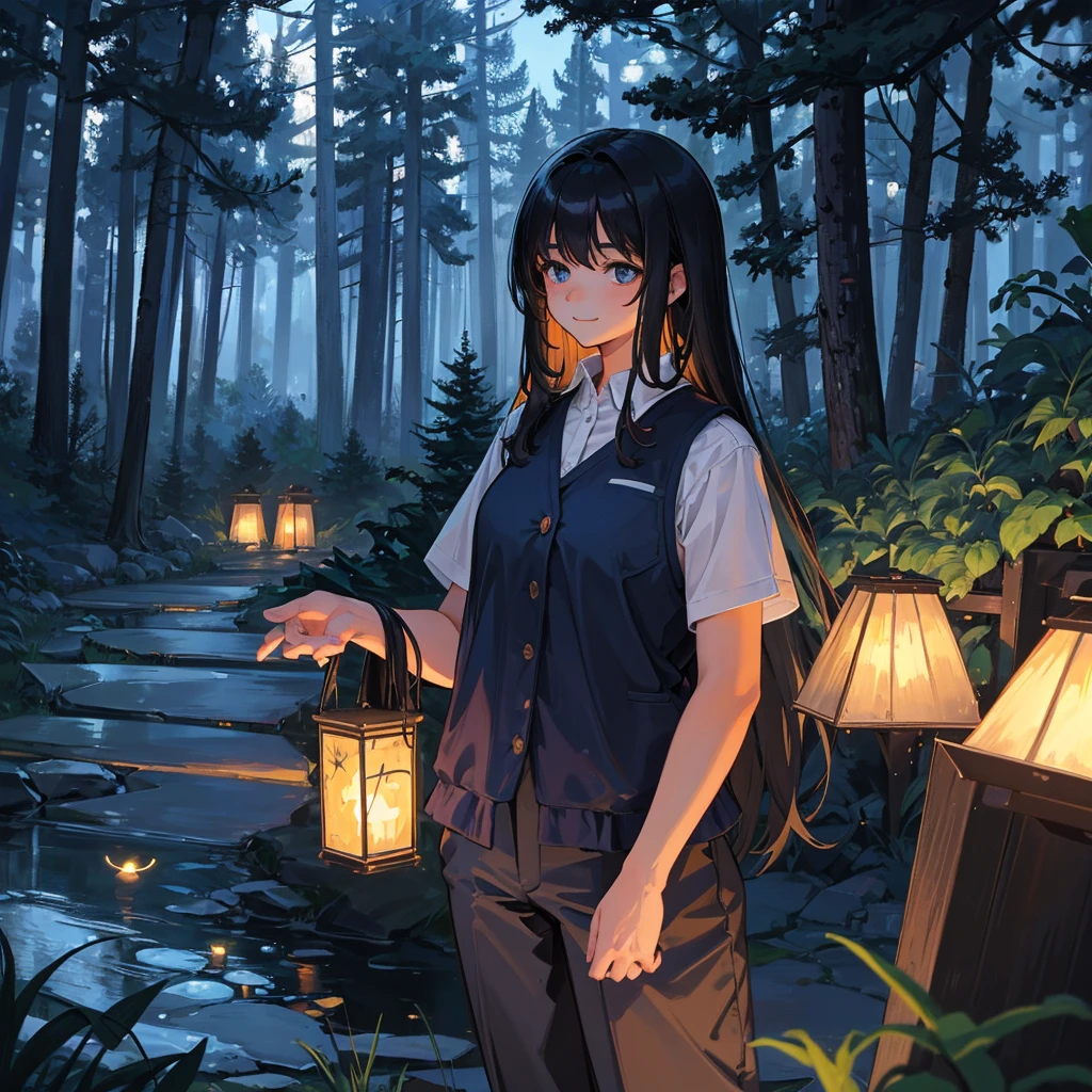 Masterpiece level, Great style, The deep love between father and daughter, Shots from high positions, The house is on the left side of the frame, The background is night, dark blue, Starry Sky, Very flexible and creative, Smiling father wearing a white vest and black trousers, Take the girl by the hand, The girl has beautiful black hair., Grass and fireflies cover the bottom of the painting., The tall pine trees on the right form a forest..