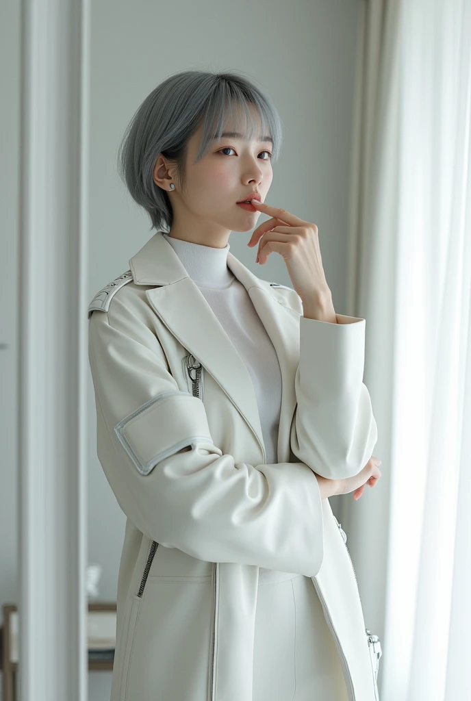 highly detailed, beautiful, hyper Realistic girl, masterpiece, best quality, Japanese sexy gravure woman, 28 years old, identity hidden, takes a selfie in her room using a smartphone in front of a mirror with one hand, One arm raised,She covers her mouth with one hand, looking away from the camera, /// gray short hair, light color eyes, Realistic skin, Detailed face, /// Design a futuristic fall fashion ensemble centered on white, keeping in line with minimalist aesthetics. The outfit should include a white, form-fitting turtleneck with metallic accents and asymmetrical sleeves, paired with a high-waisted, white A-line skirt made from a tech fabric that has a slight sheen. Layer with a structured, long white coat featuring angular shoulder pads and reflective panels. Complete the look with white ankle boots that have a metallic finish and a translucent, geometric bag. The overall vibe should exude a sleek, forward-thinking style that seamlessly blends modern minimalism with a touch of the future, /// Monotone simple modern taste single room, mirror, complicated background,