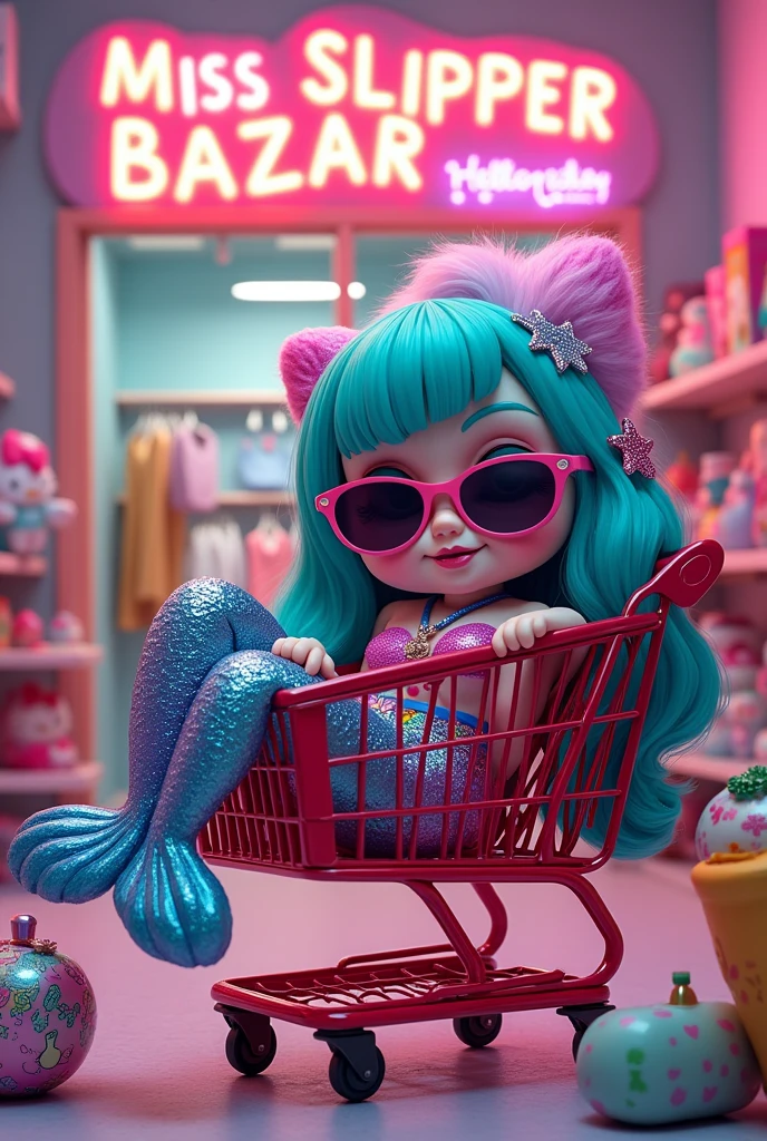  Mermaid rock star cartoon,  While shopping for Hello Kitty items she sits inside a supermarket cart in a clothing store with a sign behind her that says "Miss Slipper Bazaar"