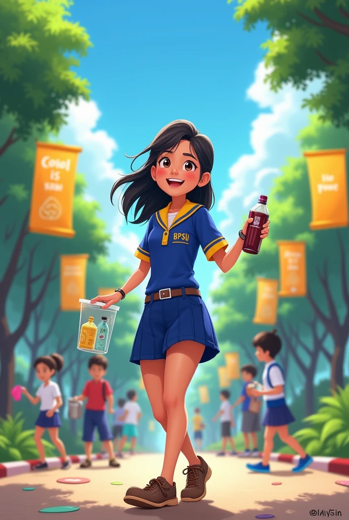 Animated student wearing bpsu uniform at bagac campus participating in diverse campus activies, recycling, and supporting peers