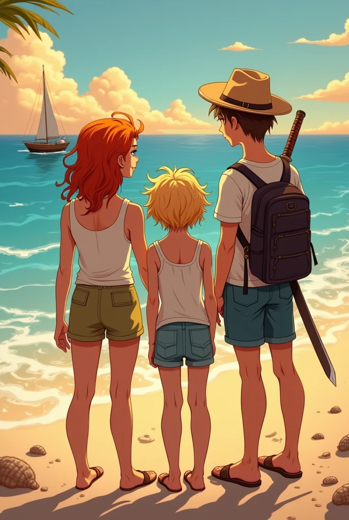 Make an image of 2 teenagers, one with red hair, another blond teenager and a child of approximately 18 years old with a sheriff's hat and a katana on his back, looking at a beach and a boat on it.