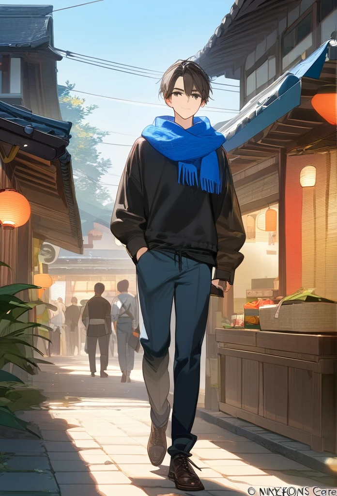 (masterpiece, top quality, best quality, official art, beautiful and aesthetic:1.2), (8k, best quality, masterpiece:1.2), (((masterpiece))), (((best quality))), (((extremely detailed))), illustration, who, (masterpiece, top quality, best quality, official art, beautiful and aesthetic:1.2), (8k, best quality, masterpiece:1.2), (((((((((1boy))))))))), japanese street, black eyes, smile, full body, cowboy shot, black hair, white shirt, (((blue scarf))), gloves, jeans, white and blue shoes,