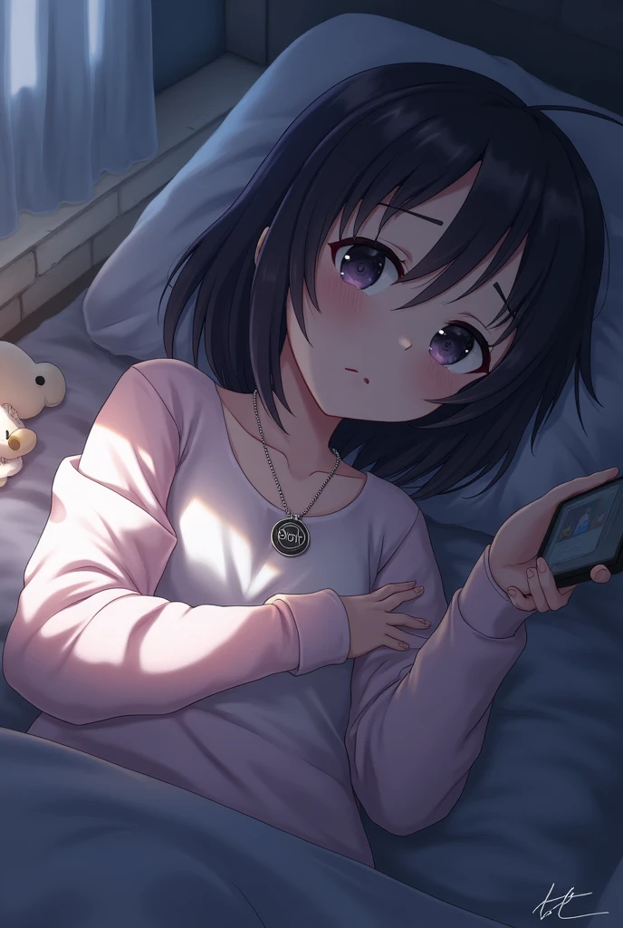 anime girl lying sad, with phone in hand with chain around neck with a pendant with the letters “CQNTD”