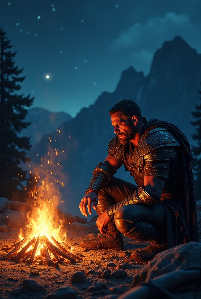 weary warrior resting near bone fire at night generate desktop size wallpaper