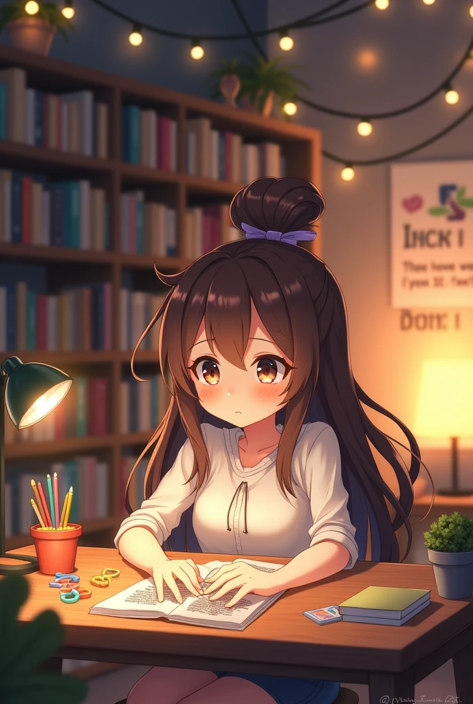 An anime girl with brown hair and brown eyes with her hair up reading her blog and answering comments and add a text box below the image that says "Debate is necessary, but so is education about the importance of fair representation"