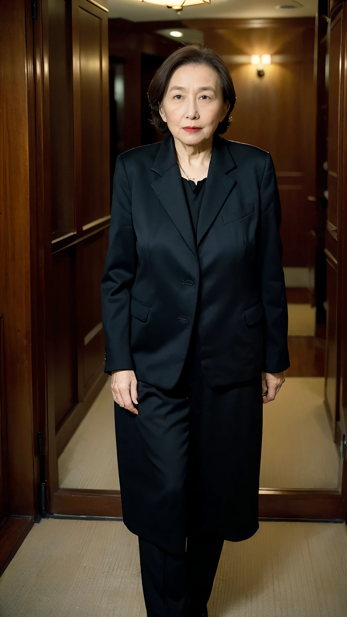 masterpiece, ((Depth of written boundary)), 32K, Beautiful finish, Medium Shot, Dutch Angle, Beautiful mature woman, 80-year-old woman, Photo of your ID, Business operator, director, View from the front, A look of resignation, Cool look, Red lips, Thin lips, suit, Tight Skirt, Light from the front,