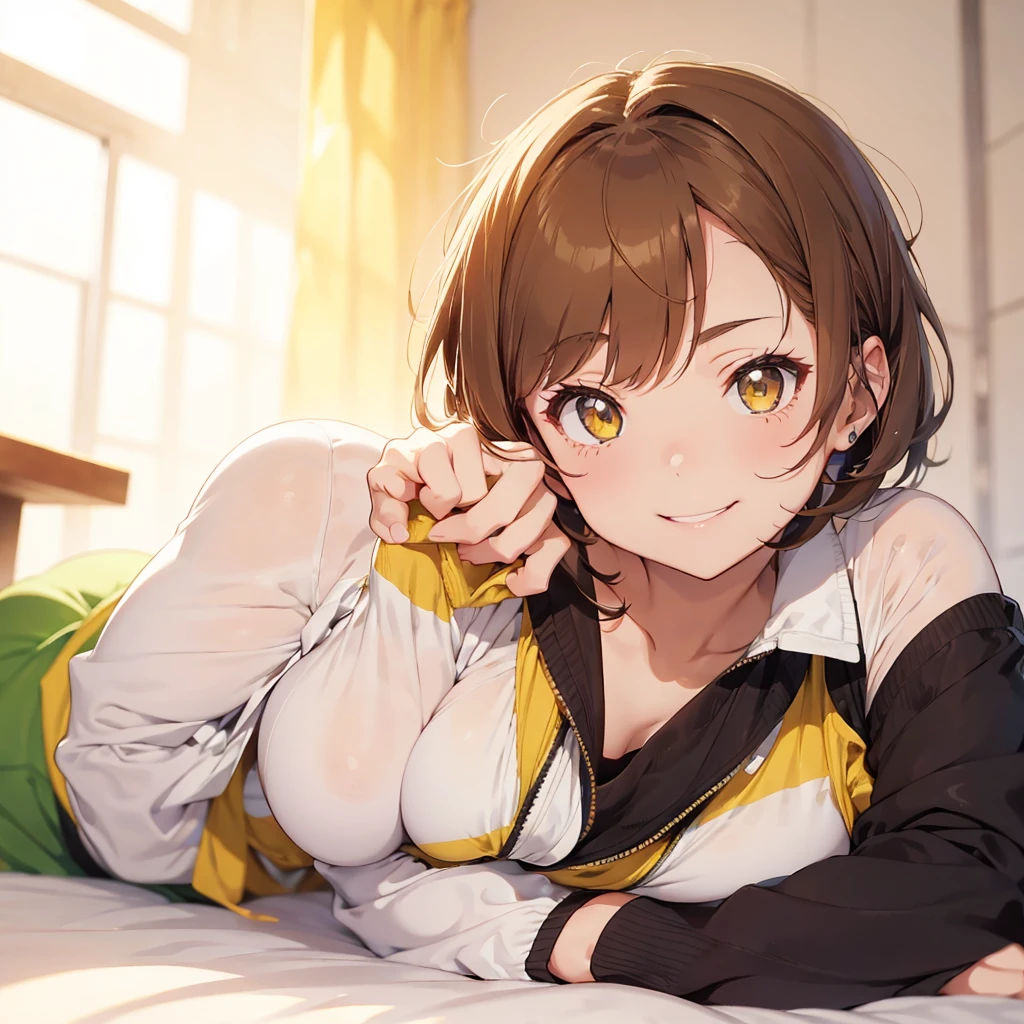 Chie Satonaka from Persona 4 in her classic outfit: a green jacket with yellow accents, a white shirt, and a black skirt, yellow eyes, glowing eyes
Make her pose more flirtatious,sexy confident. Solo girl, 1 girl, A little bit chubby,curvy and thicc,
Smug face, cocky face,smirk
She should be standing with one hand on her hip, slightly leaning forward with a playful smile, and giving a subtle wink. The expression should be teasing and charming, capturing her bold and confident side. Ensure the image remains tasteful, with her outfit and appearance staying true to her character, emphasizing her playful yet strong personality.