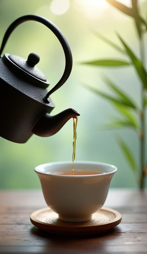 Front view.Close-up of pouring tea into tea cup.cast iron kettle(Detailed description of the texture of iron)teapot.Exquisite white ceramic glaze small teacup set on wooden coasters. Dark tone foggy gradient bokeh background.Inspired by the tea ceremony scene, cozy atmosphere, Zen and calm, A taste of serenity and zen, Warm and respectful atmosphere, Comfortable environment, Just relax, feeling of happiness, Afternoon light and shadow.high quality. High style.Zen style bamboo branches and leaves background(best quality)(intricate details)(leave a big blank)Minimalism, romanticism, Chiaroscuro, outer boundary, Ultra high quality, masterpiece, anatomically correct, Super detailed, best quality.Nice photos