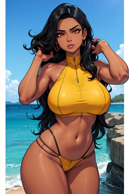 A beautiful, half black, half Puerto Rican woman with long, wavy black hair, dark tan skin, hazel-red-yellow eyes, big breasts, and wide hips, dressed in a tight, u neck crop top, sensual pose, detailed facial features, seductive face, photorealistic, high quality, vibrant colors, dramatic composition, portrait picture. Use same face as my original generators.