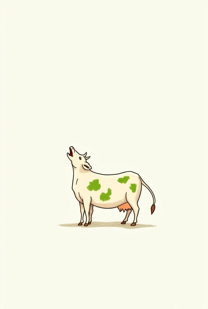 create a very minimalist drawing, about a cow that is bellowing, The spots on the cattle must be green, This image will be placed in a power point presentation