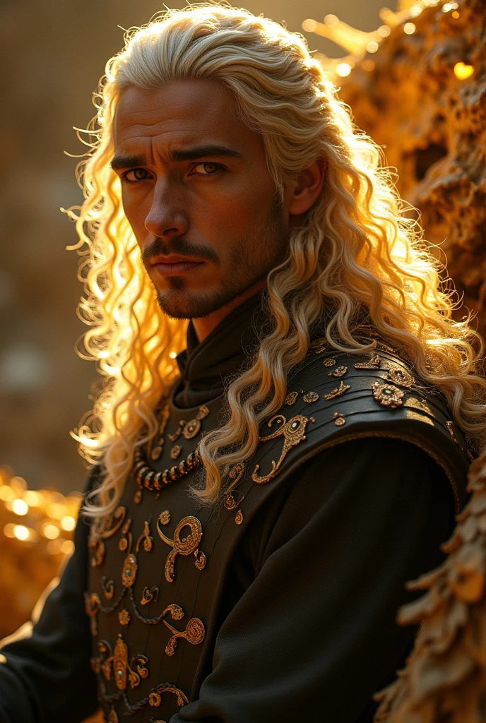 intricate highly detailed portrait of a handsome aesthetic targaryen prince, long curly platinum blonde hair, he's sitting upon a large Dark yellow dread targaryen dragon, cinematic lighting, masterpiece, photorealistic, ultra-detailed, 8k, dramatic, fantasy, digital painting, concept art, intricate details, sharp focus, chiaroscuro, dramatic shadows, vibrant colors, warm color palette