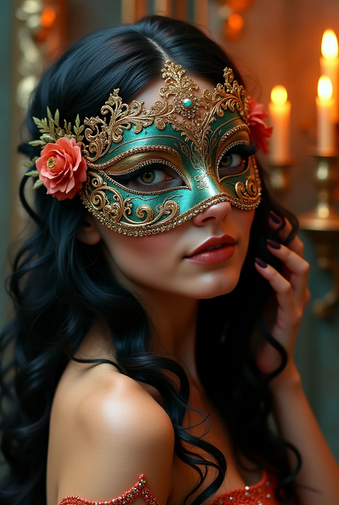 Create a female mask with arabesques, pearly stones and very fine and delicate gold details, the mask should have warm tones for a sexy mermaid masquerade ball, in a black mermaid, with curly hair