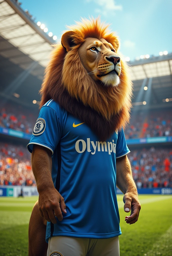 A lion in the stadium wearing Olimpia's shirt