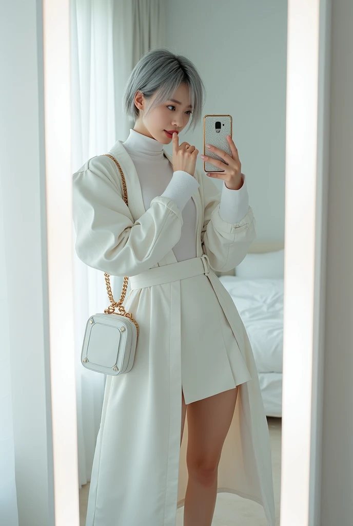 highly detailed, beautiful, hyper Realistic girl, masterpiece, best quality, Japanese sexy gravure woman, 28 years old, identity hidden, takes a selfie in her room using a smartphone in front of a mirror with one hand, One arm raised,She covers her mouth with one hand, looking away from the camera,   ///  gray short hair, light color eyes, Realistic skin, Detailed face, /// Design a futuristic fall fashion ensemble centered on white, keeping in line with minimalist aesthetics. The outfit should include a white, form-fitting turtleneck with metallic accents and asymmetrical sleeves, paired with a high-waisted, white A-line skirt made from a tech fabric that has a slight sheen. Layer with a structured, long white coat featuring angular shoulder pads and reflective panels. Complete the look with white ankle boots that have a metallic finish and a translucent, geometric bag. The overall vibe should exude a sleek, forward-thinking style that seamlessly blends modern minimalism with a touch of the future, /// Monotone simple modern taste single room, mirror, complicated background,