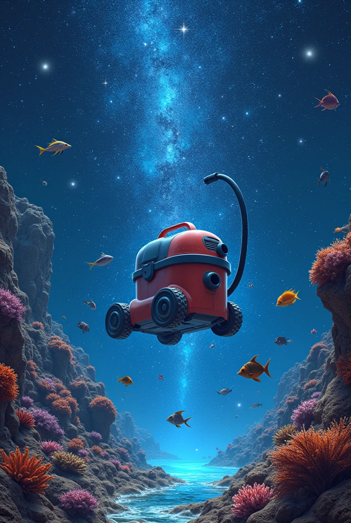 (Starry Sky:1.1), art, as under deep sea lighting, Lots of sparkling stars、 realistic, Large vacuum cleaner、 fish、Ray、octopus、squid、熱帯fish、in deep space, cosmic shower、