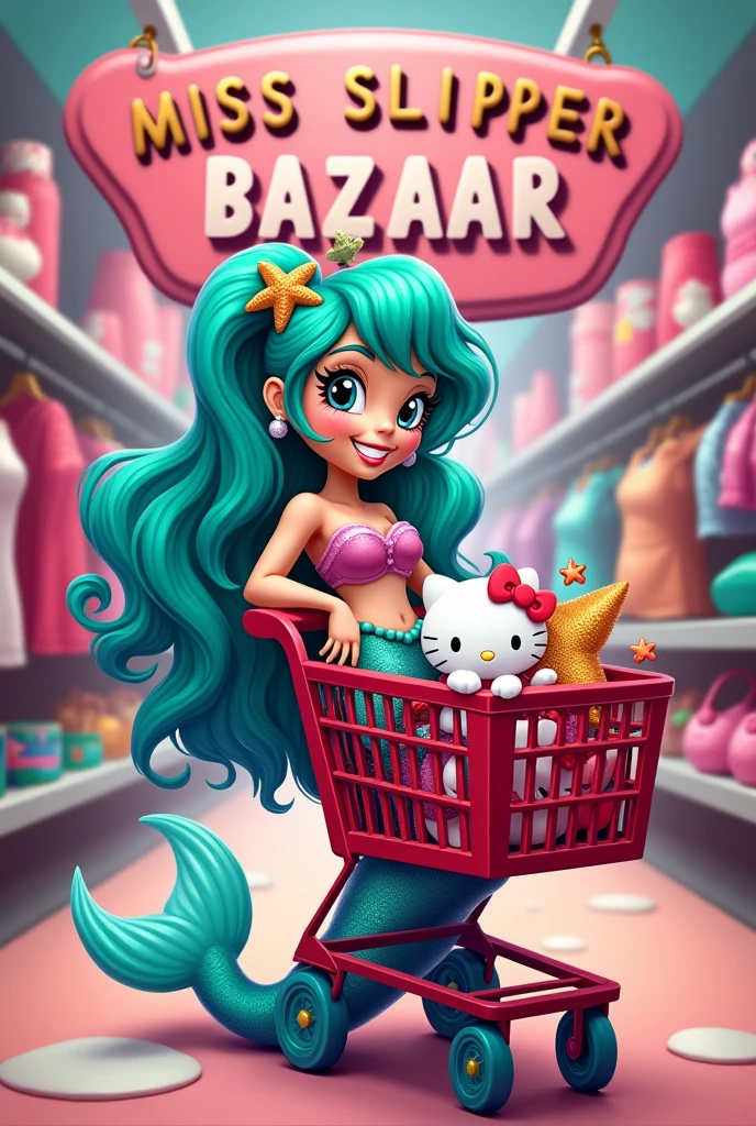  Mermaid rock star cartoon,  While shopping for Hello Kitty items she sits inside a supermarket cart in a clothing store with a sign behind her that says "Miss Slipper Bazaar"