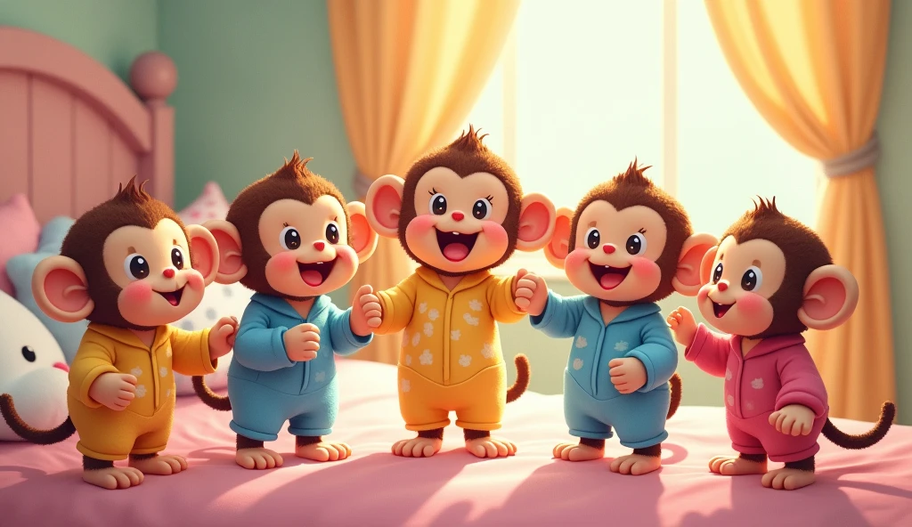 5 fluffy little monkeys, smile, Big eyes, Wear pajamas, Standing on the bed, Children's bedroom, Snes drawing