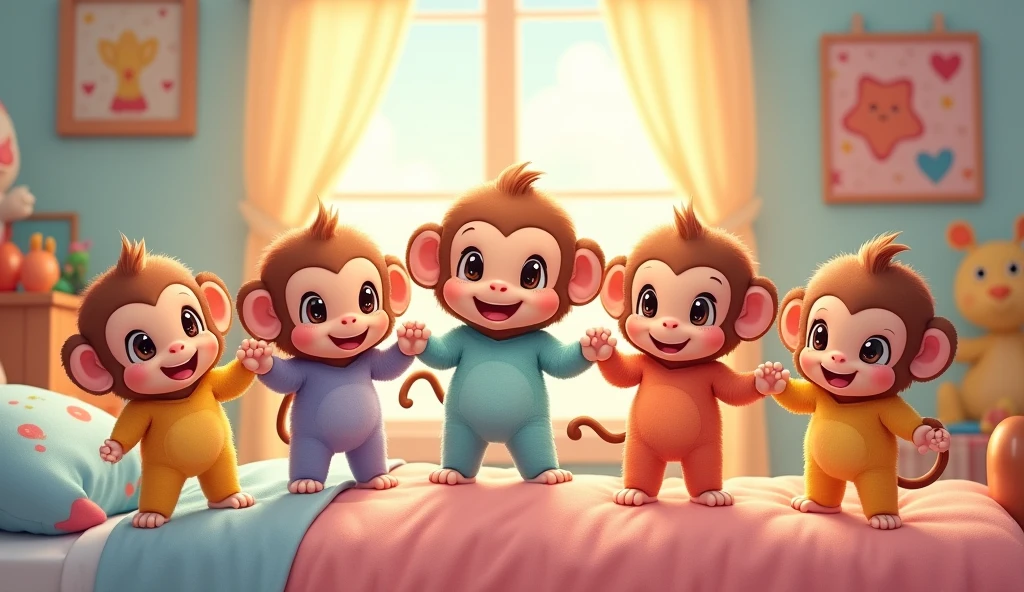 5 fluffy little monkeys, smile, Big eyes, Wear pajamas, Standing on the bed, Children's bedroom, Snes drawing