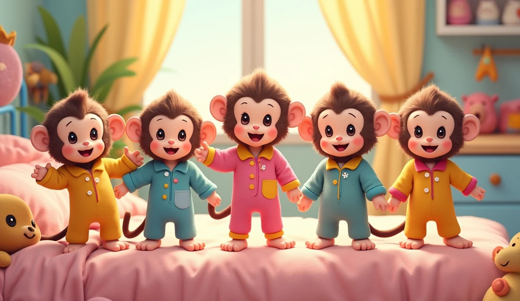 5 fluffy little monkeys, smile, Big eyes, Wear pajamas, Standing on the bed, Children's bedroom, Snes drawing
