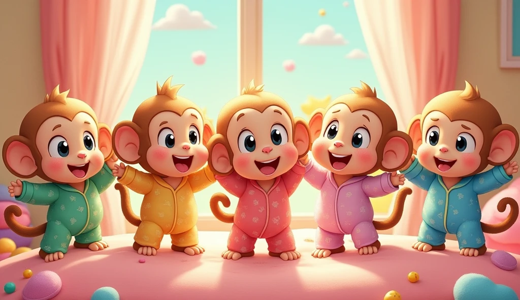 5 fluffy little monkeys, smile, Big eyes, Wear pajamas, Standing on the bed, Children's bedroom, Snes drawing