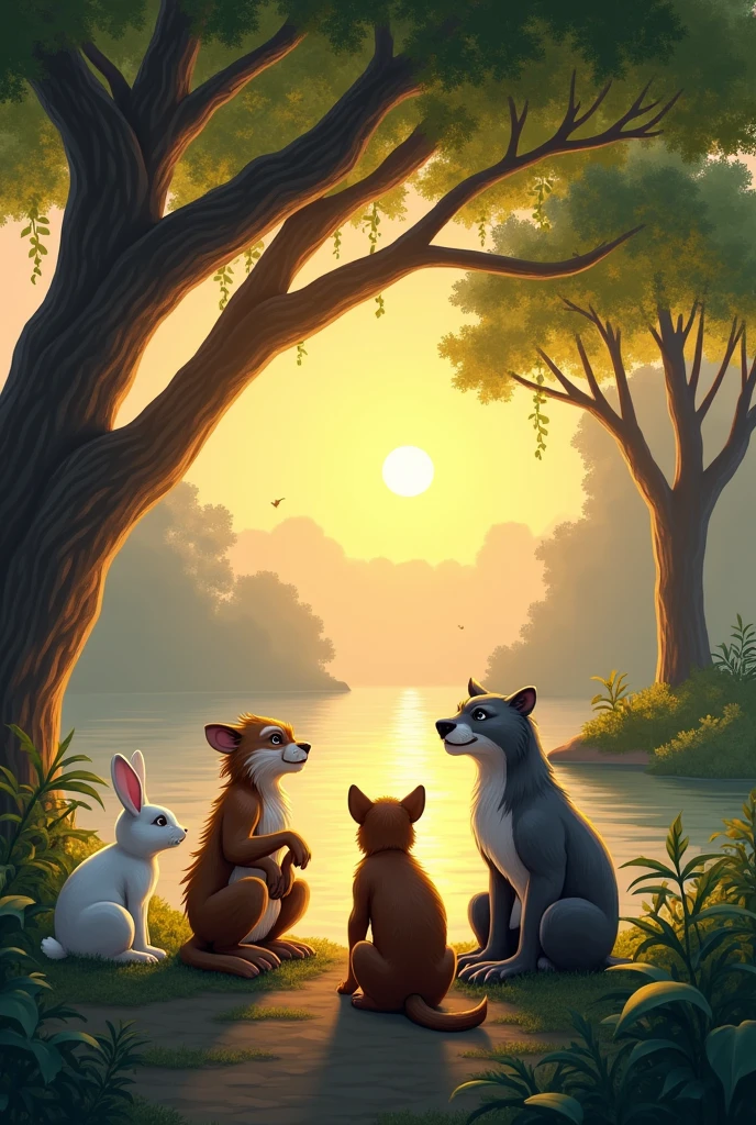 A serene riverside forest scene, with a rabbit, a monkey, a jackal, and an otter sitting together under a large tree near the Ganges River. The animals are engaged in a thoughtful conversation, planning a grand act of charity. The setting sun casts a golden glow over the calm river and lush green surroundings, with the animals appearing animated yet serene in their discussion."
