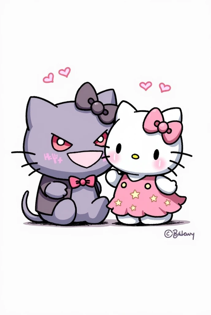 Gengar and hello kitty, pink iconic character, with clothes, couple, Kiss, 2D drawing Black and white