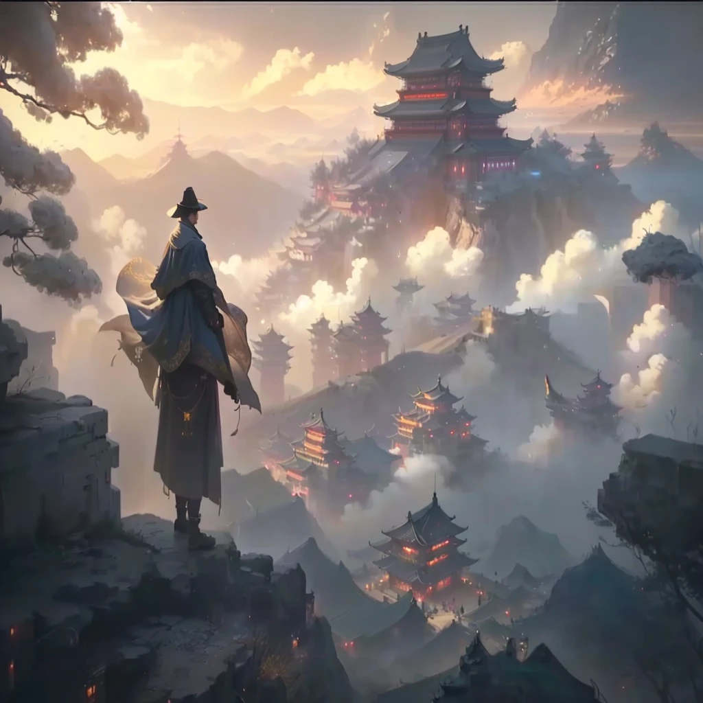 a man in a hat and cloak standing on a hill above a city, cyberpunk chinese ancient castle, beautiful render of tang dynasty, chinese fantasy, by Yang J, ross tran. scenic background, cgsociety and fenghua zhong, by Raphael Lacoste, style of raphael lacoste, traditional japanese concept art, dreamland of chinese, chinese three kingdoms