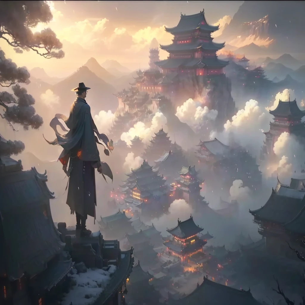 a man in a hat and cloak standing on a hill above a city, cyberpunk chinese ancient castle, beautiful render of tang dynasty, chinese fantasy, by Yang J, ross tran. scenic background, cgsociety and fenghua zhong, by Raphael Lacoste, style of raphael lacoste, traditional japanese concept art, dreamland of chinese, chinese three kingdoms