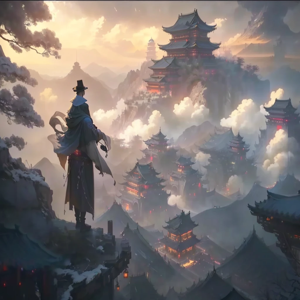 a man in a hat and cloak standing on a hill above a city, cyberpunk chinese ancient castle, beautiful render of tang dynasty, chinese fantasy, by Yang J, ross tran. scenic background, cgsociety and fenghua zhong, by Raphael Lacoste, style of raphael lacoste, traditional japanese concept art, dreamland of chinese, chinese three kingdoms