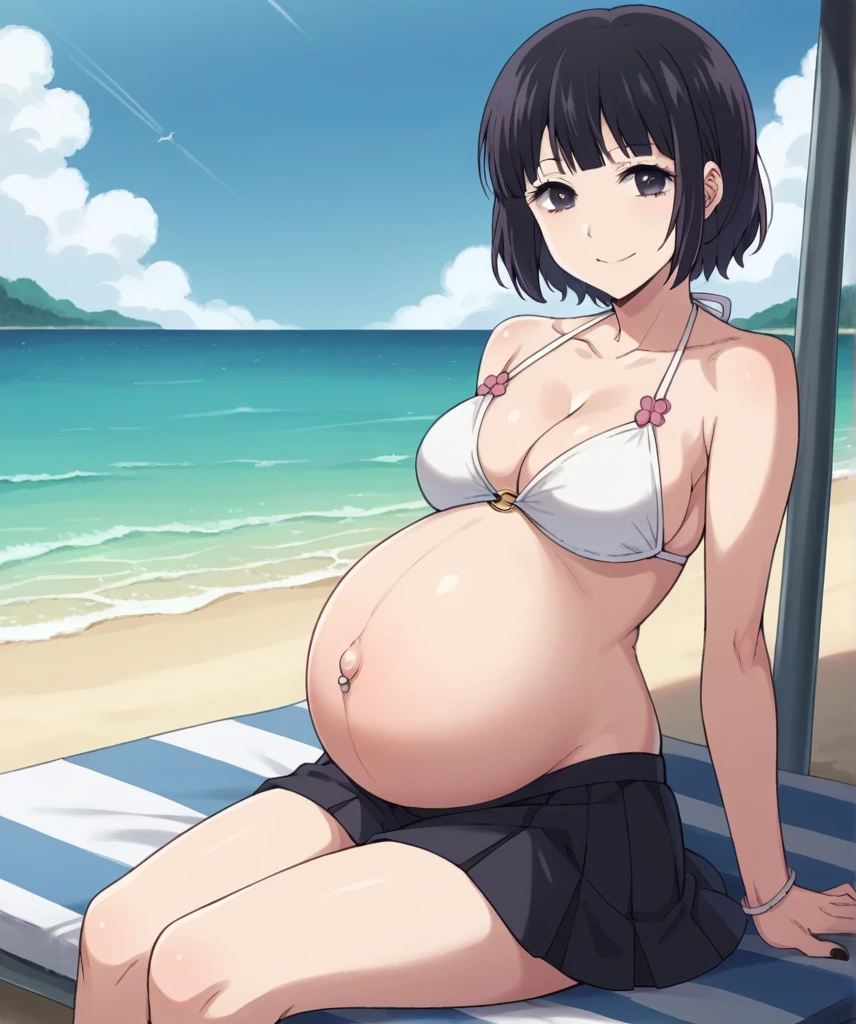 score_9, score_8_up, score_7_up, source_anime,
hanabiyasuraoka, hanabi yasuraoka, short hair, black hair, black eyes,
Bikini, skirt, Black nails, big belly, Beach, background, rubing belly, smile,
looking at viewer, cowboy shot, solo, pregnant, possing, big breast, large belly, Belly button piercing, Sitting