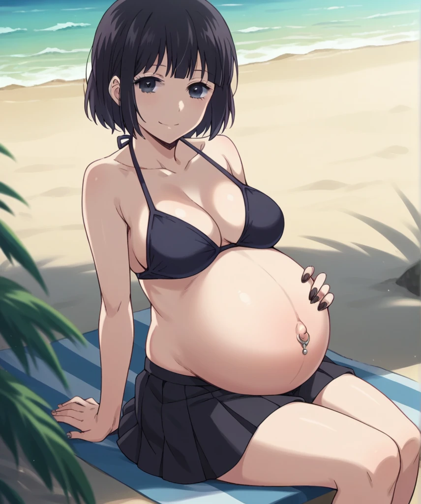 score_9, score_8_up, score_7_up, source_anime,
hanabiyasuraoka, hanabi yasuraoka, short hair, black hair, black eyes,
Bikini, skirt, Black nails, big belly, Beach, background, rubing belly, smile,
looking at viewer, cowboy shot, solo, pregnant, possing, big breast, large belly, Belly button piercing, Sitting