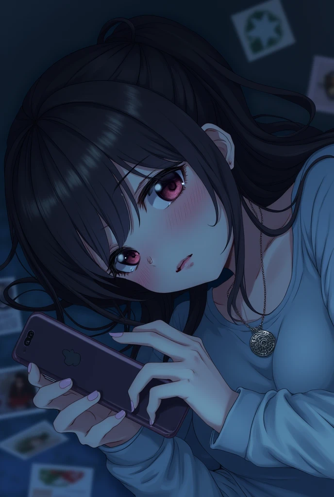 anime girl lying sad, with phone in hand with chain around neck with a pendant with the letters “CQNTD”