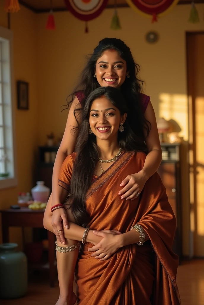 Create a realistic photograph of a smiling and beautiful indian bengali actress in brown silk saree carrying a large chubby man on her shoulders in a room, man is sitting on top of her shoulders , man on top, woman at bottom