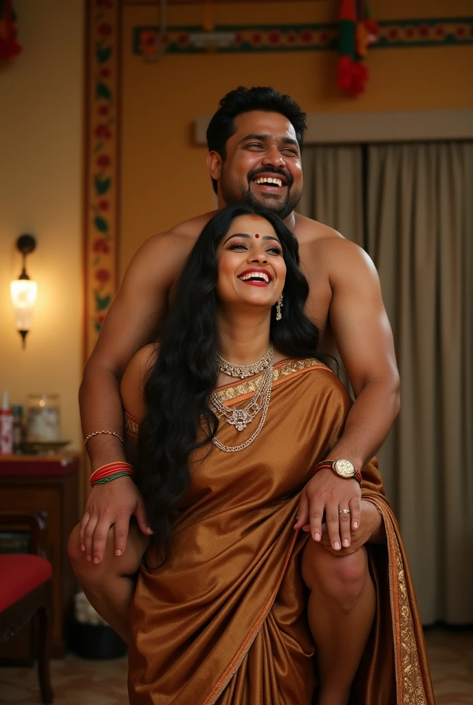 Create a realistic photograph of a smiling and beautiful indian bengali actress in brown silk saree carrying a large chubby man on her shoulders in a room, man is sitting on top of her shoulders , man on top, woman at bottom 