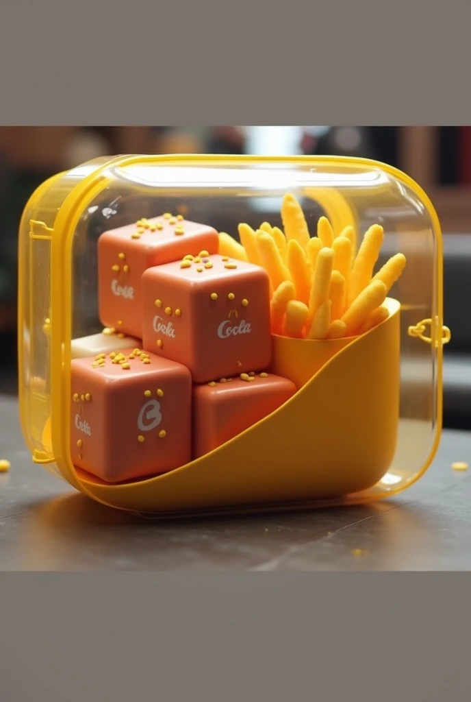 Créer moi une marque de nourriture qui s'appelle : Smart-food, ils proposent des nouritures de fast food livré dans une boite en plastique transparent, la boite edt un carré avec des bords arrondis et une ouverture,, la nourriture doit être Géométrique, avoir des formes carrés, comme un burger et des frited carrés, un coca cola carré, des nuggets carré, et un McFlurry carré, a bord arrondis, toutes les nourritures sont rassembles dans un seul conteneur, les nourriture doivent etre carrés