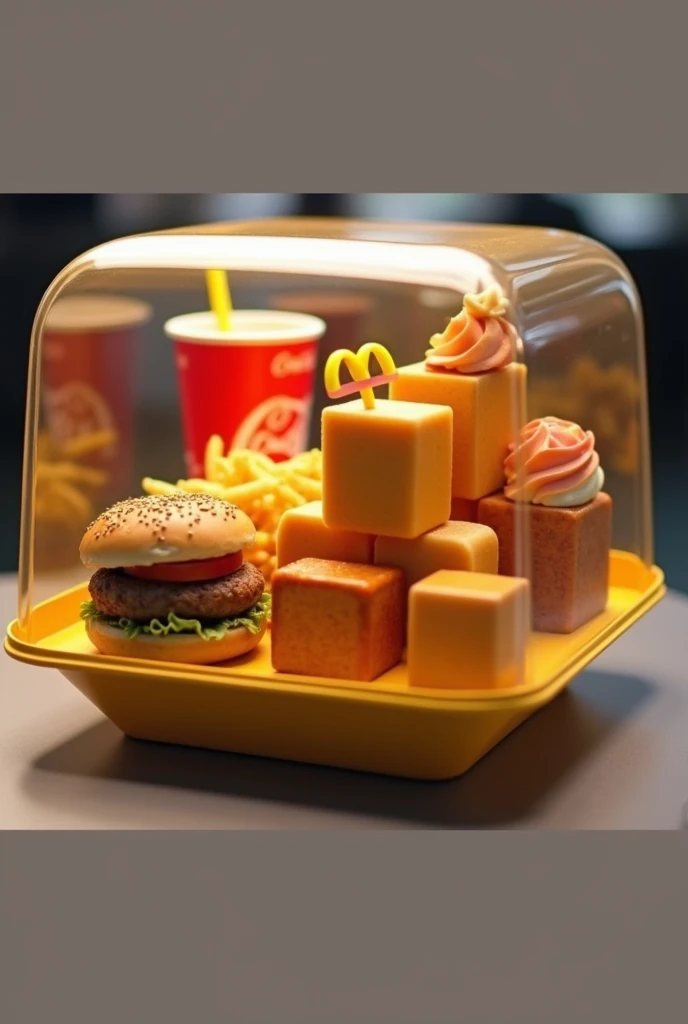 Créer moi une marque de nourriture qui s'appelle : Smart-food, ils proposent des nouritures de fast food livré dans une boite en plastique transparent, la boite edt un carré avec des bords arrondis et une ouverture,, la nourriture doit être Géométrique, avoir des formes carrés, comme un burger et des frited carrés, un coca cola carré, des nuggets carré, et un McFlurry carré, a bord arrondis, toutes les nourritures sont rassembles dans un seul conteneur, les nourriture doivent etre carrés