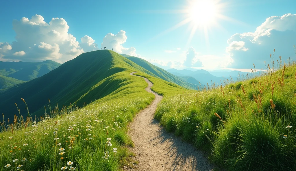 From edge of the village an empty path though the hills with finish line at the top