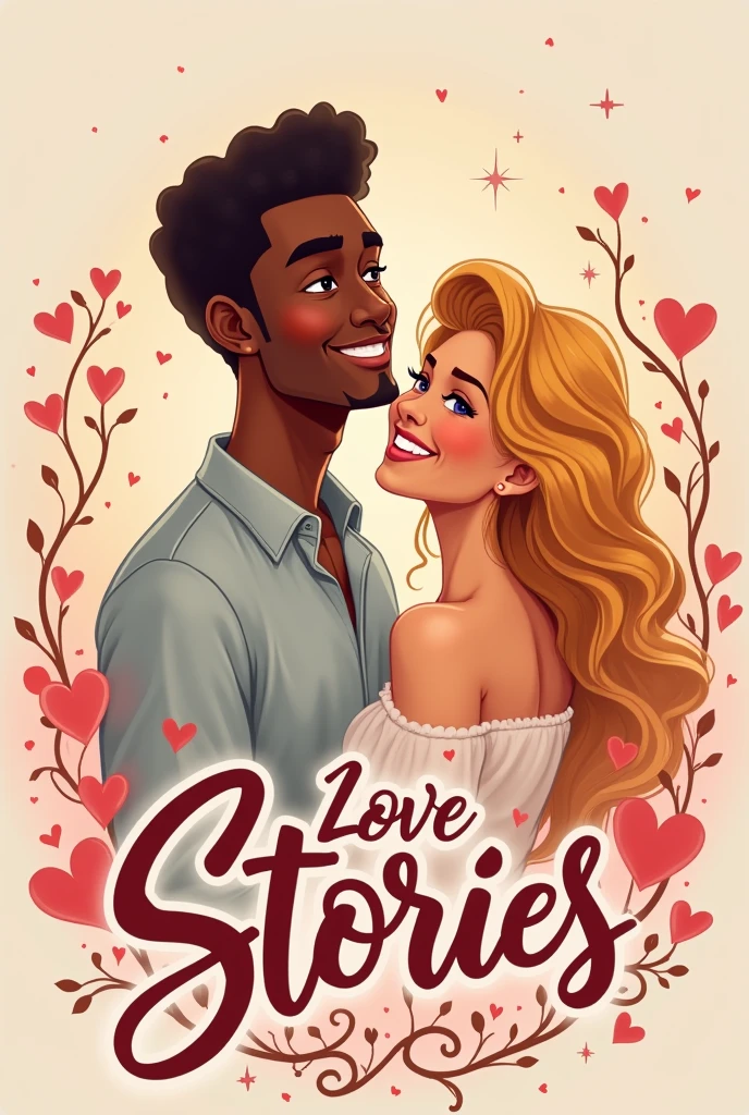 Love stories logo text on it with beautiful blackman and cubby whitewoman 