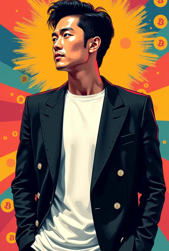 (masterpiece, Highest quality:1.1),Pop Art,Flat Color, Man in Black, Man wearing a double-breasted jacket,Hairstyle Center Part,Bitcoin background, Dynamic Angle,39-year-old male,Japanese men,A white T-shirt underneath the jacket, ethical theme jacket