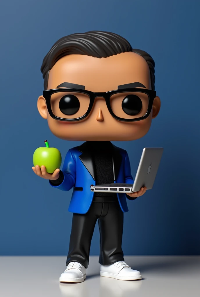 Create a Funko pop of a man with short hair on the sides, black frame glasses, Black turtleneck long sleeve sweater and a royal blue blazer with a black lapel, black pants, Alexander McQueen white shoes, In his hand he must have a green apple and in the other hand an open laptop. The Funko must be presented outside of a blue box. "limited edition, that bears the name "Tony Silva" The box must allow viewing of the Funko, serif typography, The rendering must be in 3D with a photography studio background