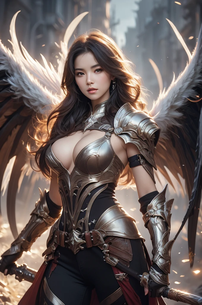 best quality, 8k, very delicate and beautiful, highly detailed face and skin texture, shiny skin, high resolution, big tits beautiful angel in sexy armor with weapons at battlefield, sharp focus