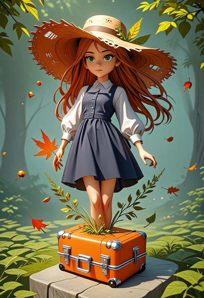 There is a suitcase with a straw hat on top.., clouds, atmosphere, leaves, Chrysanthemums, hovering in the air, Paper airplanes, (miniature: 1.2), 2.5d illustration, 3D rendering, 3D modeling, bubble matte, trend in behans 3d art, trend in behans 3d art, 3d illustration, 3d illustration, 3d illustration, commercial illustration, Цветопередача Cinema 4D, 3D rendering stylization, Stylized digital illustration, 3D stylized scene, stylized 3D rendering