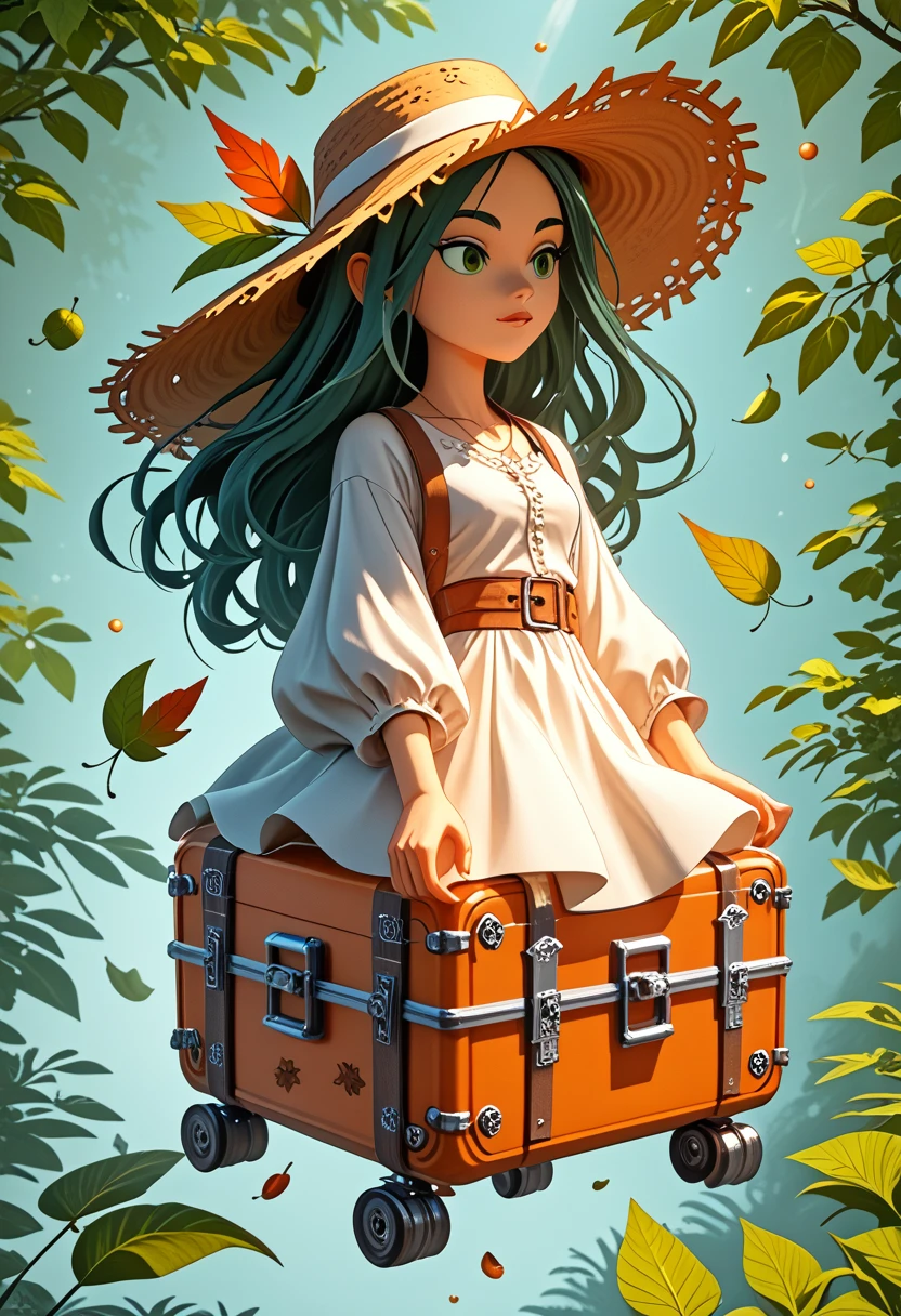 There is a suitcase with a straw hat on top.., clouds, atmosphere, leaves, Chrysanthemums, hovering in the air, Paper airplanes, (miniature: 1.2), 2.5d illustration, 3D rendering, 3D modeling, bubble matte, trend in behans 3d art, trend in behans 3d art, 3d illustration, 3d illustration, 3d illustration, commercial illustration, Цветопередача Cinema 4D, 3D rendering stylization, Stylized digital illustration, 3D stylized scene, stylized 3D rendering