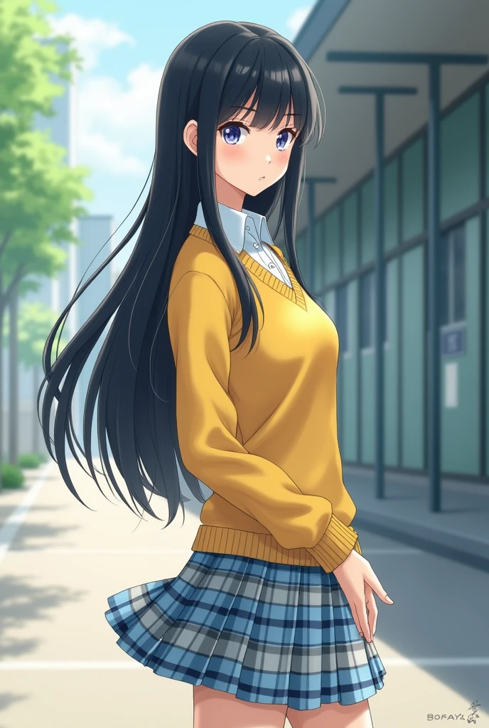 Black-haired Japanese high school girl。
The uniform is realistic and photo-like, with a white shirt, yellow sweater and light blue, navy and grey checkered skirt.。
The length of the skirt is just above the knees, the length of the hair is just down to the waist, the bangs are long enough to cover the eyebrows, Nogizaka 46-like, seen from the right diagonal, the height is 180cm。
The legs are emphasized, making the picture look like a photograph.